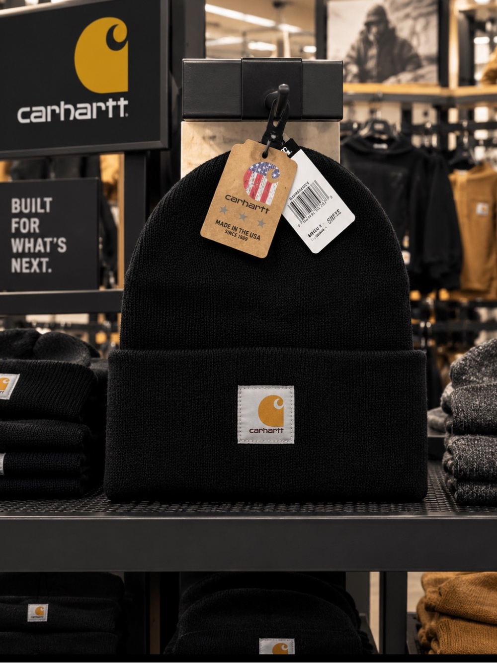 Carhartt Black Cuffed Knit Beanie with Tan Logo Patch